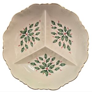 Lenox Holiday 3-Part Divided Snack Server Holly & Berry  Scalloped Edge 9" Bowl